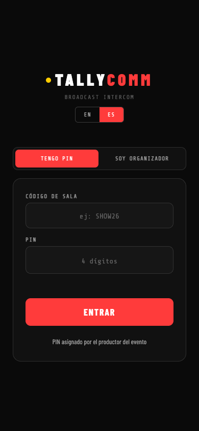 Pantalla de login con campos código de sala y PIN de 4 dígitos