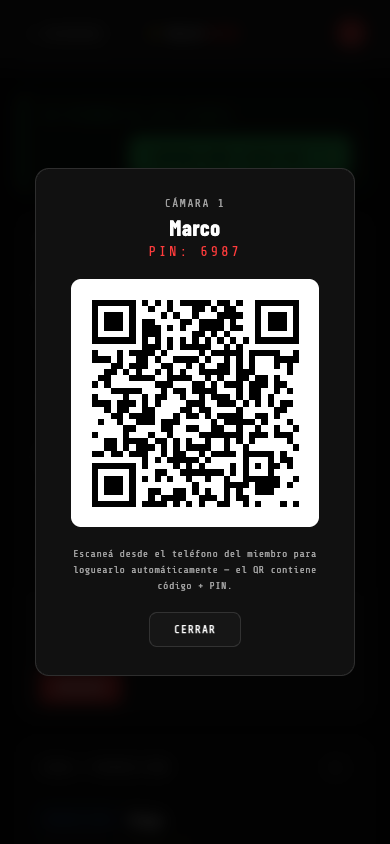 Modal con código QR para escanear, mostrando el nombre del miembro y su PIN