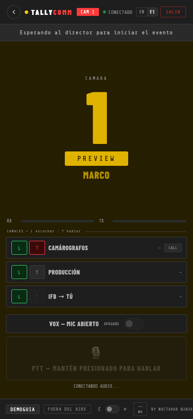 Panel de cámara en estado PREVIEW, número amarillo