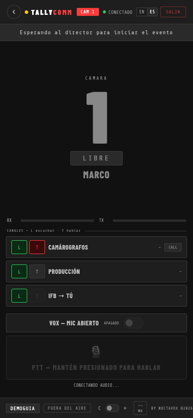 Panel de cámara en estado LIBRE, número gris