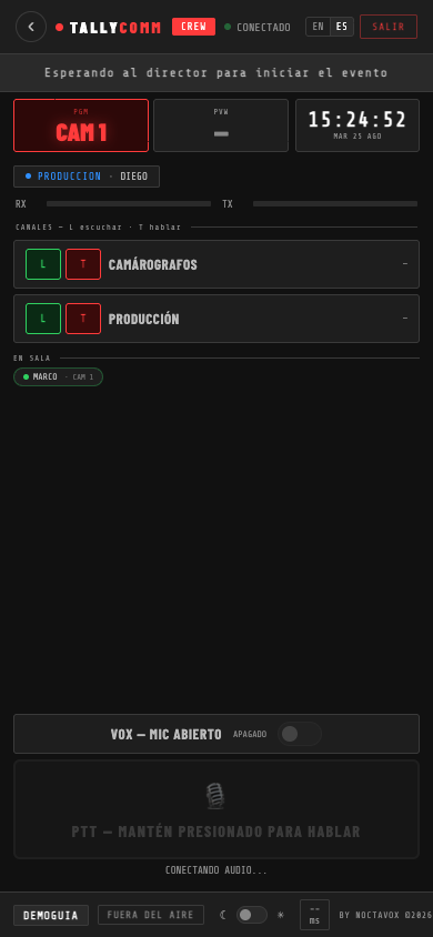 Panel de crew mostrando barra de estado PGM CAM 1, canales de intercom y lista de conectados