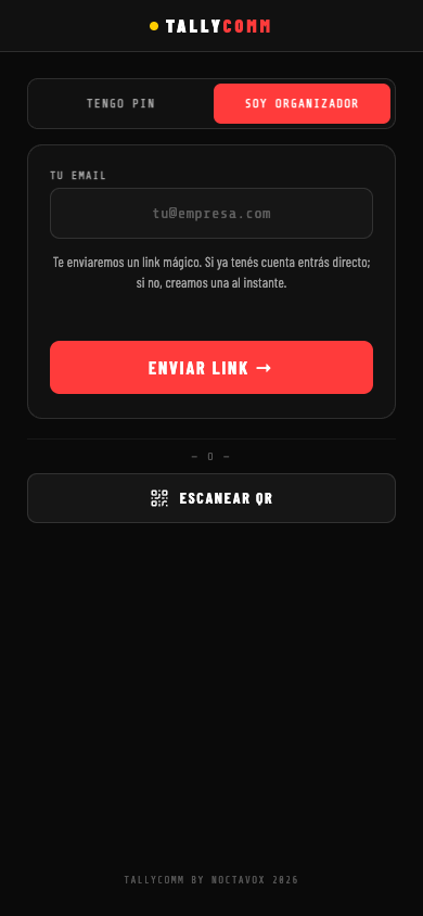 Pantalla de inicio de la app en modo organizador, con campo de email y botón enviar link