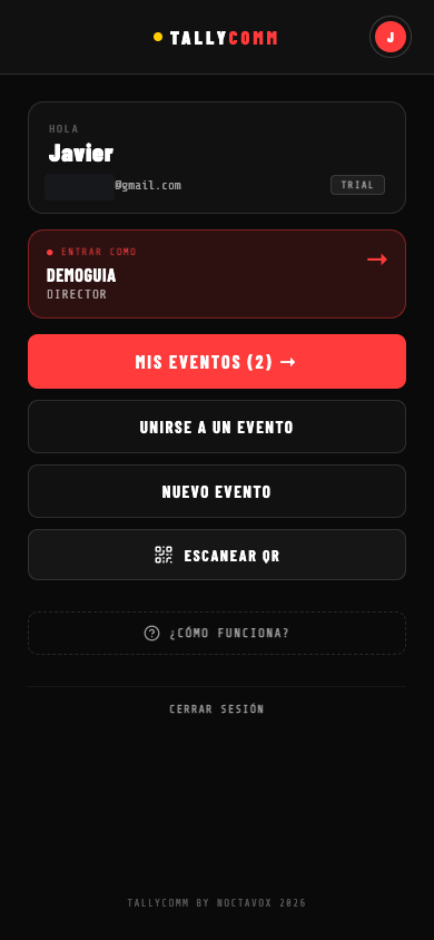 Pantalla principal de la app ya logueada: hola Javier, plan trial, atajo entrar como director, botones mis eventos, unirse a un evento, nuevo evento y escanear QR